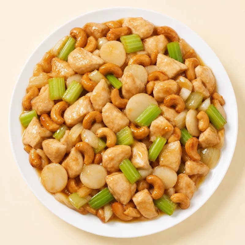 Cashew chicken with celery and cashews in brown sauce