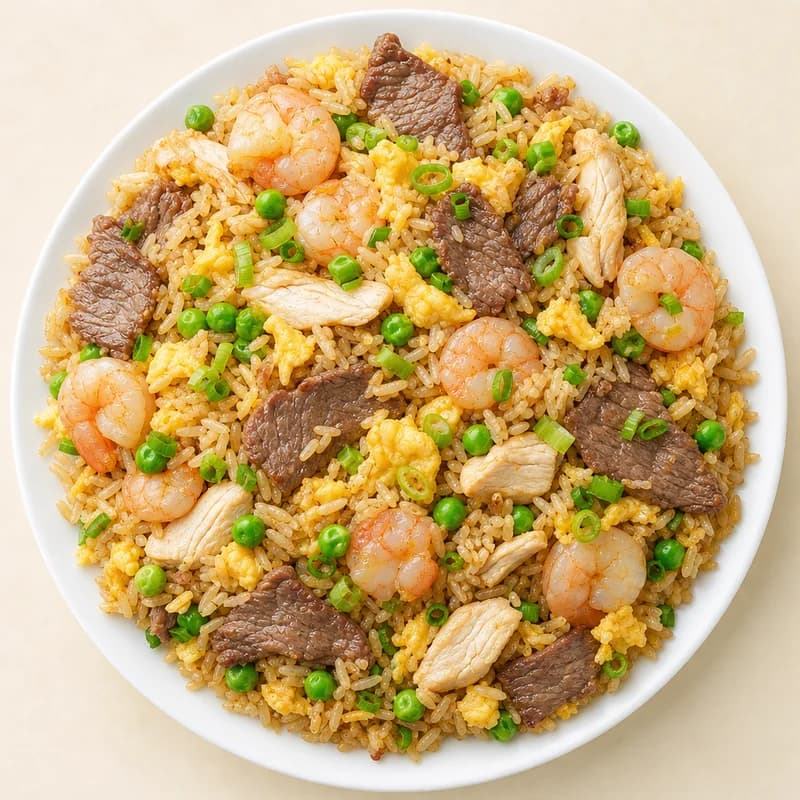 Combo fried rice with chicken, beef and shrimp, served with a crab rangoon