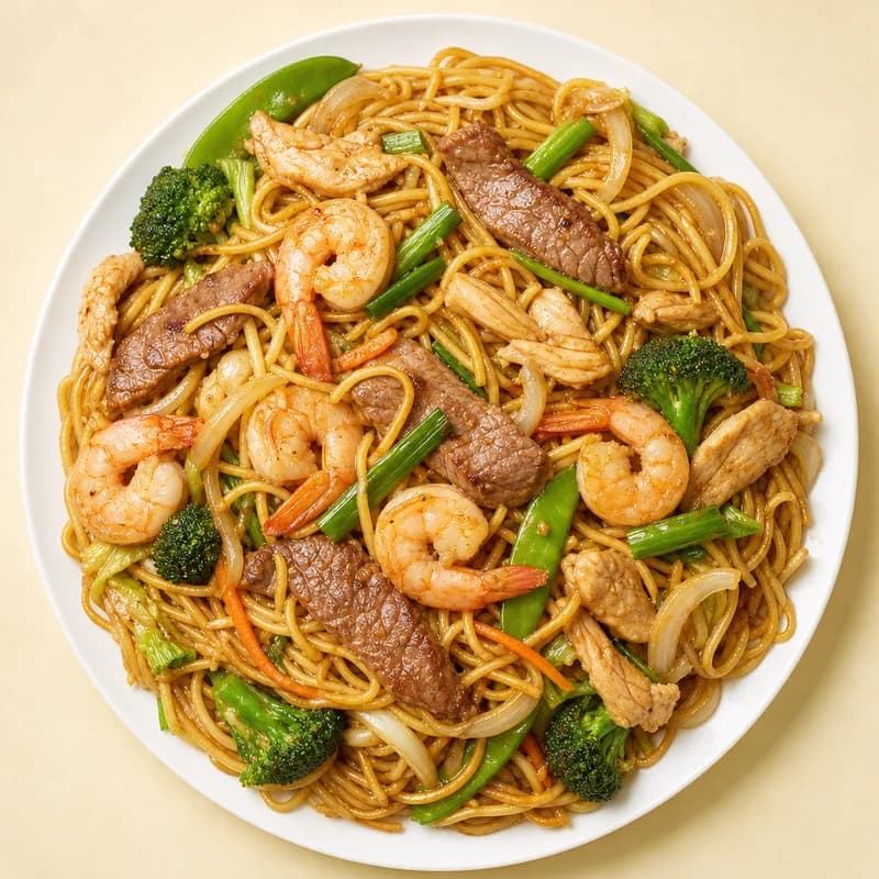 Combo lo mein with chicken, beef, shrimp and noodles