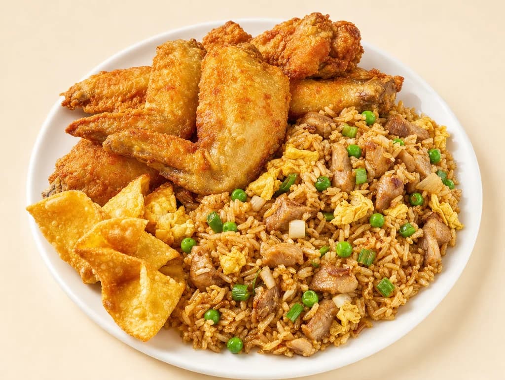 A China Feast combo plate: wings, combo fried rice and a crab rangoon
