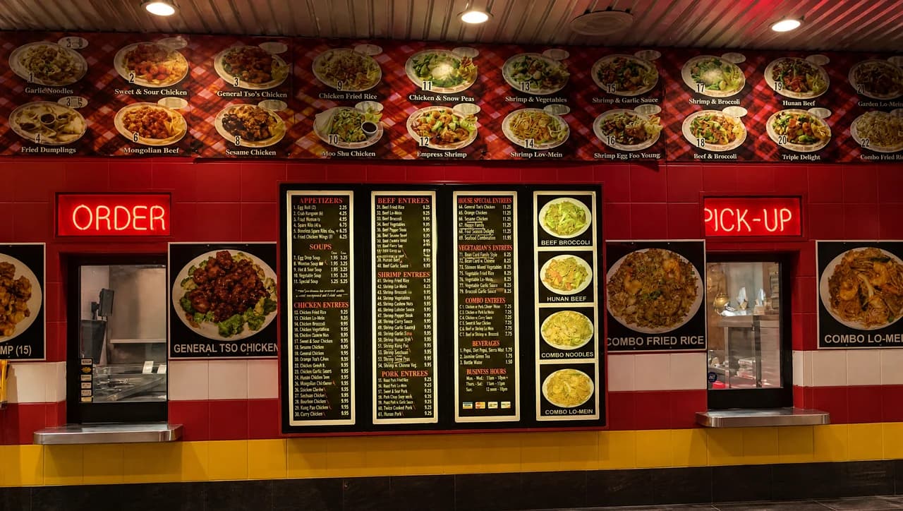The order and pick-up counter inside China Feast