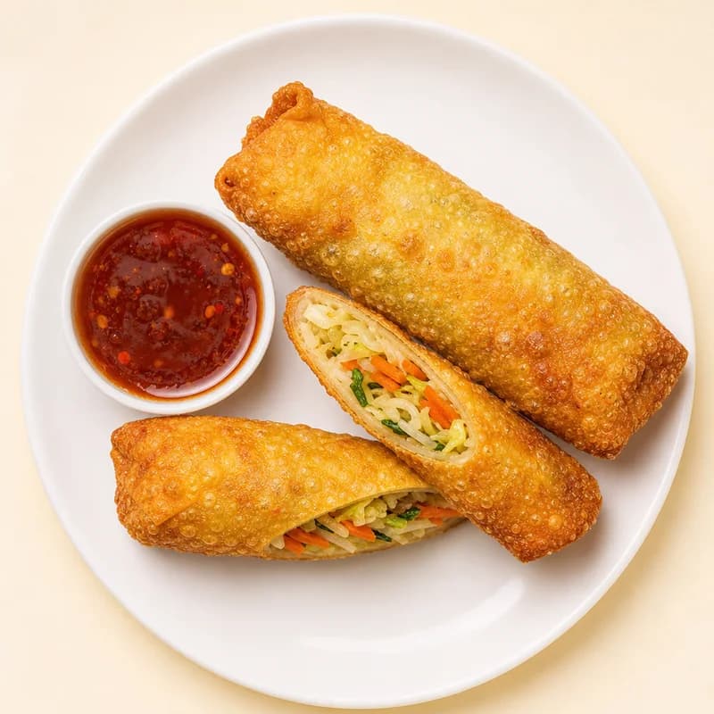 Two crisp fried egg rolls cut on the diagonal