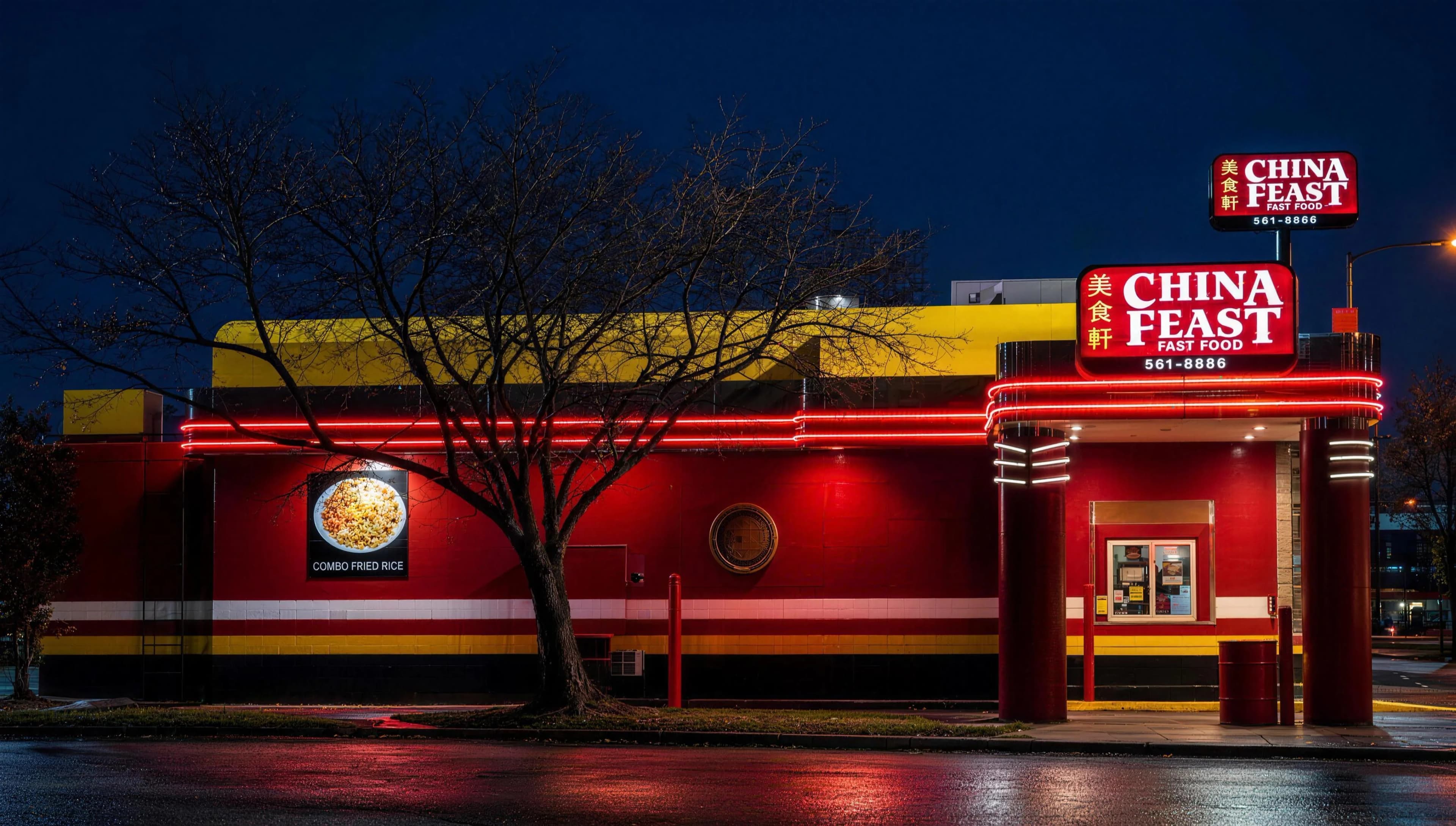 China Feast on Linwood Blvd at night: the red, neon-lit Chinese drive-thru in Kansas City
