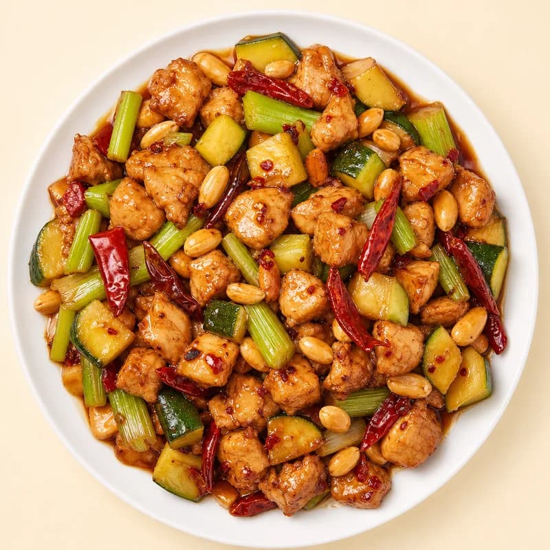 Kung pao chicken with peanuts and vegetables in a spicy sauce
