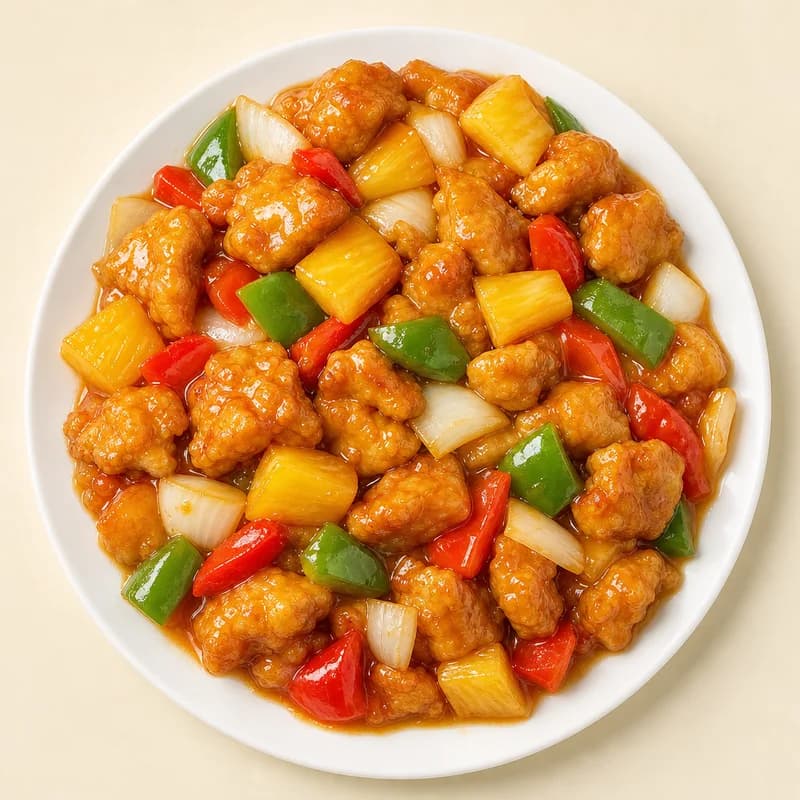 Chicken with pineapple chunks in a sweet, tangy sauce