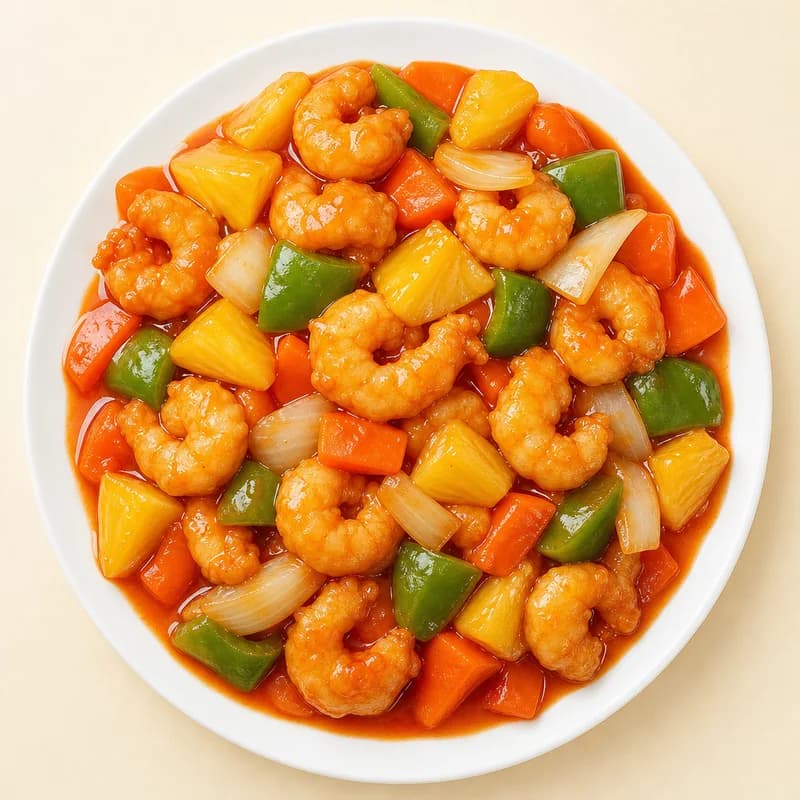 Battered sweet and sour shrimp with pineapple and peppers